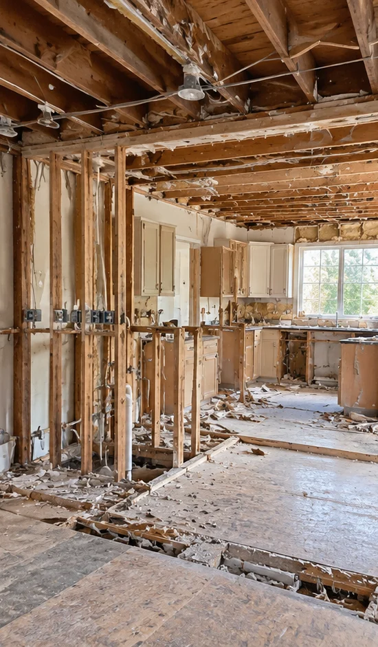 Illustration of a stripped residential interior ready for renovation